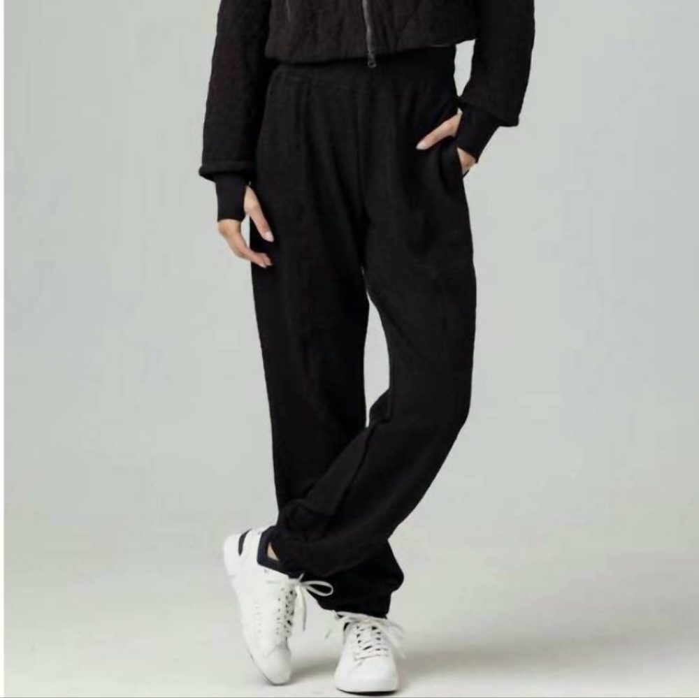 Sundays Brinkley Women's Black Crinkle Terry High Waisted Relaxed Jogger Pants S